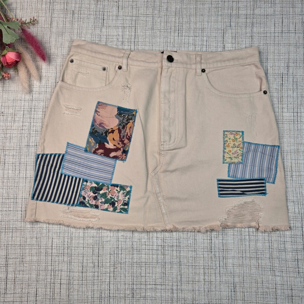 BDG Urban Outfitters Tan Patchwork Distressed Denim Mini Skirt Large NWT